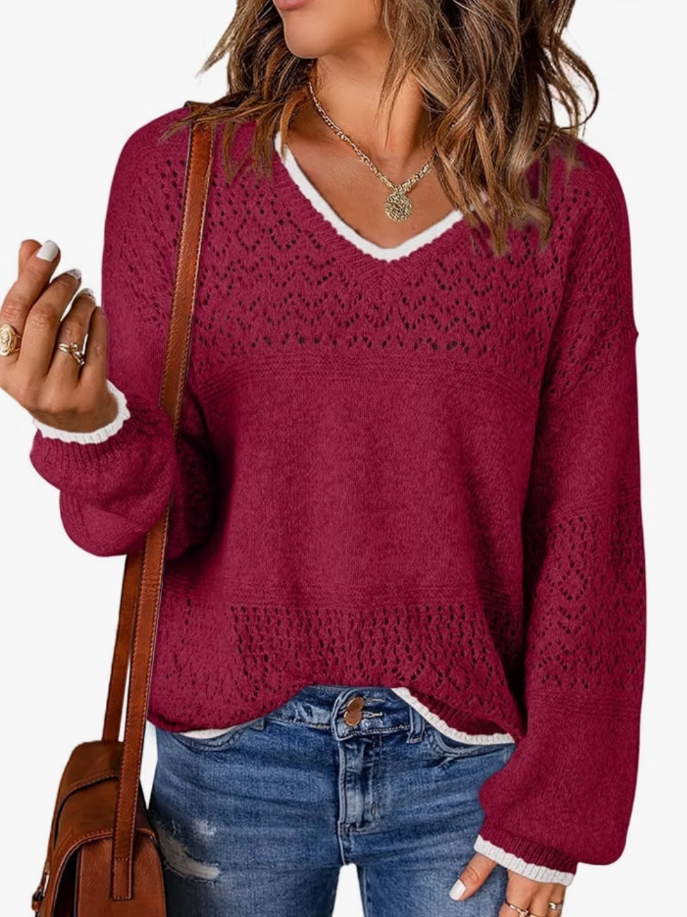 Burgundy V-Neck Light Weight Crochet Knit Sweater with White Trim